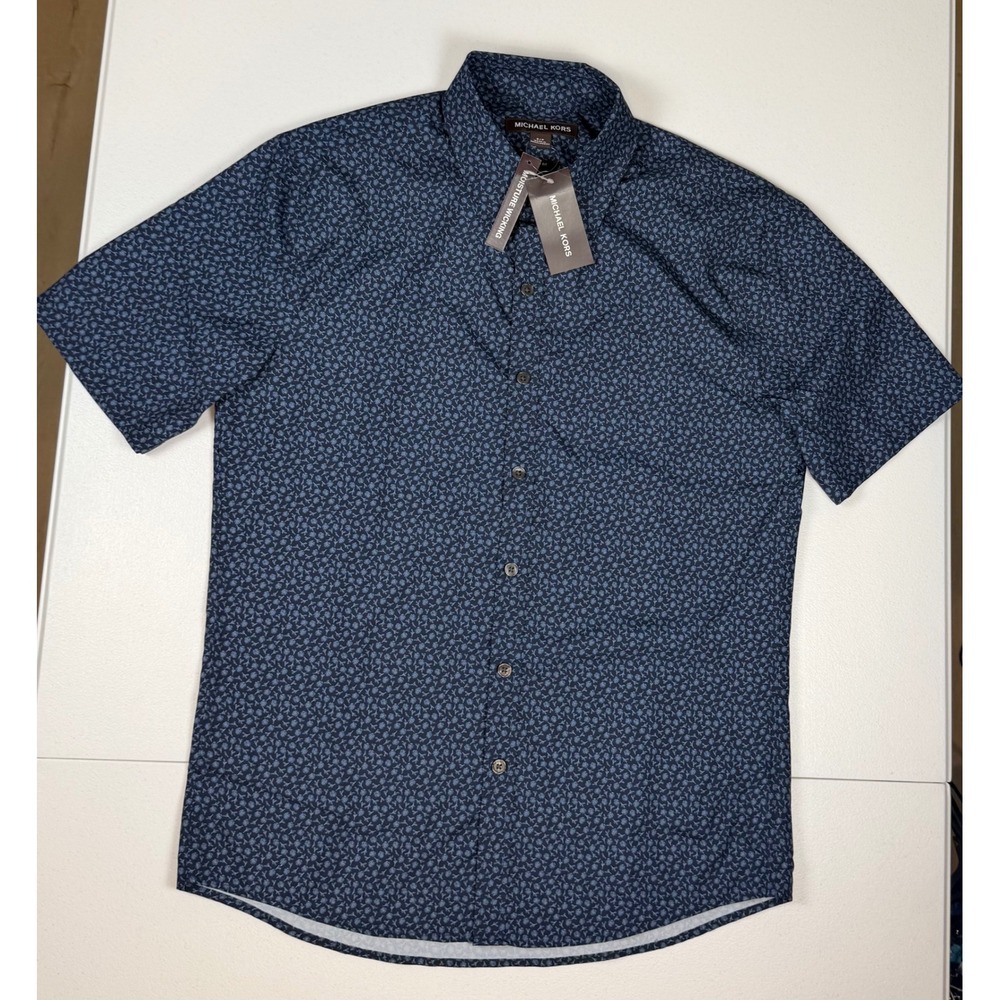 Michael Kors Mens Slim Fit Floral Button Up Shirt Midnight Blue Short Sleeve S